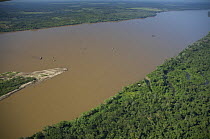 Aerial view of Madeira River with drag boats prospecting for gold at the bottom of river,  Southwest of Porto Velho city, Rondônia State, Western Brazil.