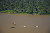 Aerial view of Drag boats in Madeira River, prospecting for gold at the bottom of the river, Rondônia State, Western Brazil.