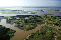 Aerial view of flooded region of Amazon lakes of Madeirinha River, South of road AM-254 and West of Autazes town, Amazonas State, Northern Brazil.