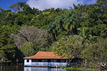 Traditional wooden riverside house on the Amazonas River near Terra Santa town, Western Pará State, Northern Brazil.