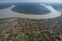 Aerial view of Riberalta town and the Beni River, Beni Department, Northeastern Bolivia.