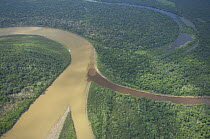 Aerial view of the floodplain ("várzea") of the Ichilo River and the Amazon Rainforest along its margins, in Santa Cruz Department, Eastern Bolivia.