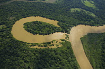 Aerial view of river meander and formation of ox-bow lake, in Amazon "vrzea" Rainforest during the great 2008 flood, Northern Santa Cruz Department near the border with Beni Department, Eastern Bolivi...