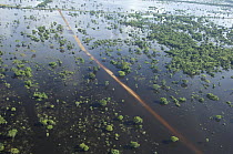 Aerial view of dust road near Trinidad city, capital of the Beni Department, during the 2008 flood of Mamoré River, Bolivia.