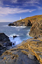 Trevose Head and lighthouse in late evening light, near Padstow, Cornwall, UK. July 2008.