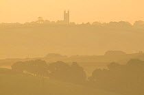 Week St Mary church and surrounding countryside in early morning mist, north Cornwall, UK. September 2008.
