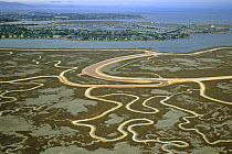 Aerial view of southern San Francisco Bay including San Francisco Bay National Wildlife Refuge and salt ponds, part of a new addition to the refuge. San Francisco, California. Oct 2002.