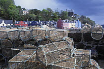 Tobermory harbour with lobster pots in the foreground, Isle of Mull, Inner Hebrides, Scotland, UK