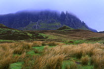 Quiraing mountains with low cloud cover, Isle of Skye, Inner Hebrides, Scotland, UK