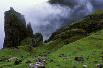 Quiraing mountains with low cloud cover, Isle of Skye, Inner Hebrides, Scotland, UK