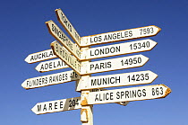 Road sign in Central Australia Desert with distances to various cities, Northern Territory, Australia