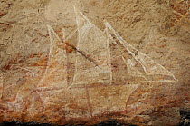 Aboriginal rock art  showing sailing boat, Nanguluwur Gallery, Nourlangie Ranges, Kakadu National Park, Northern Territory, Australia