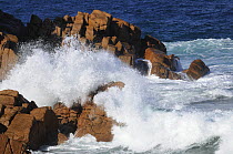 Strong waves crashing against rocks at Cape Woolamai's Pinnacles, pink granite sculptured by rain and sea, Phillip Island, Victoria, Australia