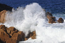 Strong waves crashing against rocks at Cape Woolamai's Pinnacles, pink granite sculptured by rain and sea, Phillip Island, Victoria, Australia