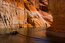 Tourists viewing the canyon walls by boat, Lake Powell, Glen Canyon NP, Arizona, USA