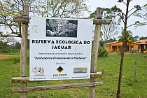 Jaguar reserve sign in Pantanal National Park, Mato Grosso, Brazil