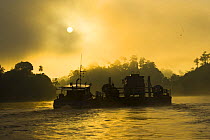 Ferry carrying vehicle across River Sungai Kinabatangan at dawn, Sabah, Borneo, Malaysia 2007