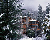 The Awanhee Hotel in Yosemite National Park after a winter snow storm, California, USA.