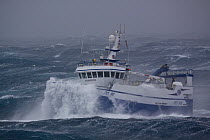 MFV trawler "Harvester" in storm force gales and heavy seas, 70 miles east of the Shetlands. Winds gusting to 83 Knots. January 2009.  Property Released.