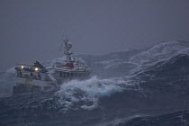 MFV trawler ^Harvester^ in storm force gales and heavy seas, 70 miles east of the Shetlands. Winds gusting to 83 Knots. January 2009.  Property Released.