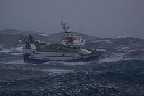 MFV trawler "Harvester" in storm force gales and heavy seas, 70 miles east of the Shetlands. Winds gusting to 83 Knots. January 2009.  Property Released.