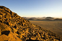 View of valley at sunset, Sossusvlei, Namib-Naukluft National Park, Namibia