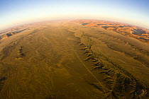 Aerial view from a hot air balloon tour over the dunes and desert, Sossusvlei, Namib-Naukluft National Park, Namibia, Fish-eye lens