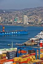 Containers and ships against a city backdrop. Port of Valparaiso, Chile, 2008.