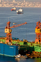 Cranes and ships at the port of Valparaiso, Chile, 2008.
