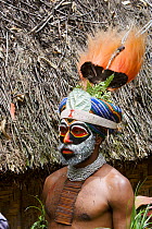 Villager in traditional feathered headdress at Payakona Village singsing ceremony. Mount Hagen vicinity in the Western Highlands Province, Papua New Guinea. September 2004