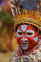 Woman in traditional feathered headdress with painted face, Mount Hagen, Western Highlands Province, Papua New Guinea. September 2004