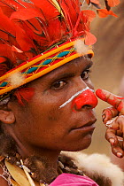 Woman applying traditional face paints for ceremony, Chimbu Province, Papua New Guinea. September 2004