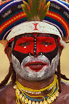 Man in traditional costume with painted face , Mount Hagen, Western Highlands Province, Papua New Guinea. September 2004