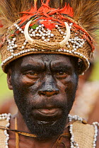Man in traditional feathered headdress from Huon Peninsula area, Morobe Province. Goroka, Eastern Highlands Province, Papua New Guinea. September 2004