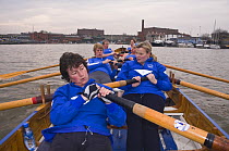 Ladies' gig practice on Bristol Floating Harbour, approaching Underfall Yard. January 2009.