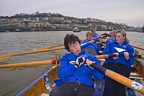 Ladies' gig practice on Bristol Floating Harbour. January 2009. Baltic Wharf, with Harbour Master's boat "Mariner" behind.