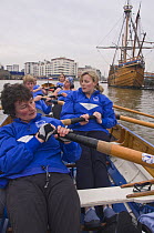 Ladies' gig practice on Bristol Floating Harbour, January 2009, rowing past "The Matthew" replica.