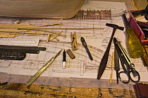 Tools used in the construction of model HMS "Minerva" (circa 1780) in Malcolm Darch's workshop, Salcombe, Devon, UK. January 2009.