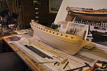 Construction of model HMS "Minerva" (circa 1780) in Malcolm Darch's workshop, Salcombe, Devon, UK. January 2009.
