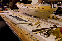 Construction of model HMS ^Minerva^ (circa 1780) in Malcolm Darch's workshop, Salcombe, Devon, UK. January 2009.