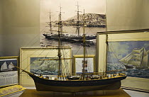 'Salcombe fruiter' schooner "Brizo" model, made by Malcolm Darch, on display in his workshop, Salcombe, Devon, UK. January 2009.
