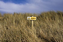 "Adders" (Vipera berus) warning sign in marram grass on Bantham Bay, South Devon, UK. January 2009.