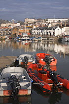 Boats moored at Underfall Yard, with Clifton Suspension Bridge in the background, Bristol Floating Harbour. February 2009.