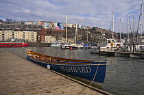 Pilot Gig ^Isambard^ moored alongside jetty in Bristol Floating Harbour marina. February 2009.