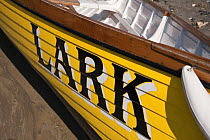 "Lark" name and bow fender detail. Cornwall County Pilot Gig Championships, Newquay, September 2008.