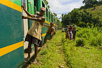 People riding on and watching the train between Manakara and Fianarantsoa, the only remaining train in Madagascar