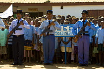Children and guards at a party to celebrate the 5th of June, World Environment Day, Manerinerina, Majunga, Madagascar.