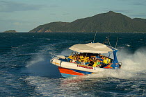 Tourists onboard Thunderbolt 1 high speed reef boat with 600hp engine, off the coast of Queensland, Australia, 2007
