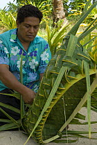 Man making basket from coconut leaves, Tonga, Melanesia, 2007