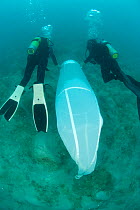 Jo Browne and Kade Mills use a cylinder cone plankton net to sample gelatinous zooplankton for Coral Reef census, Lizard Island, Queensland, Australia, April 2008